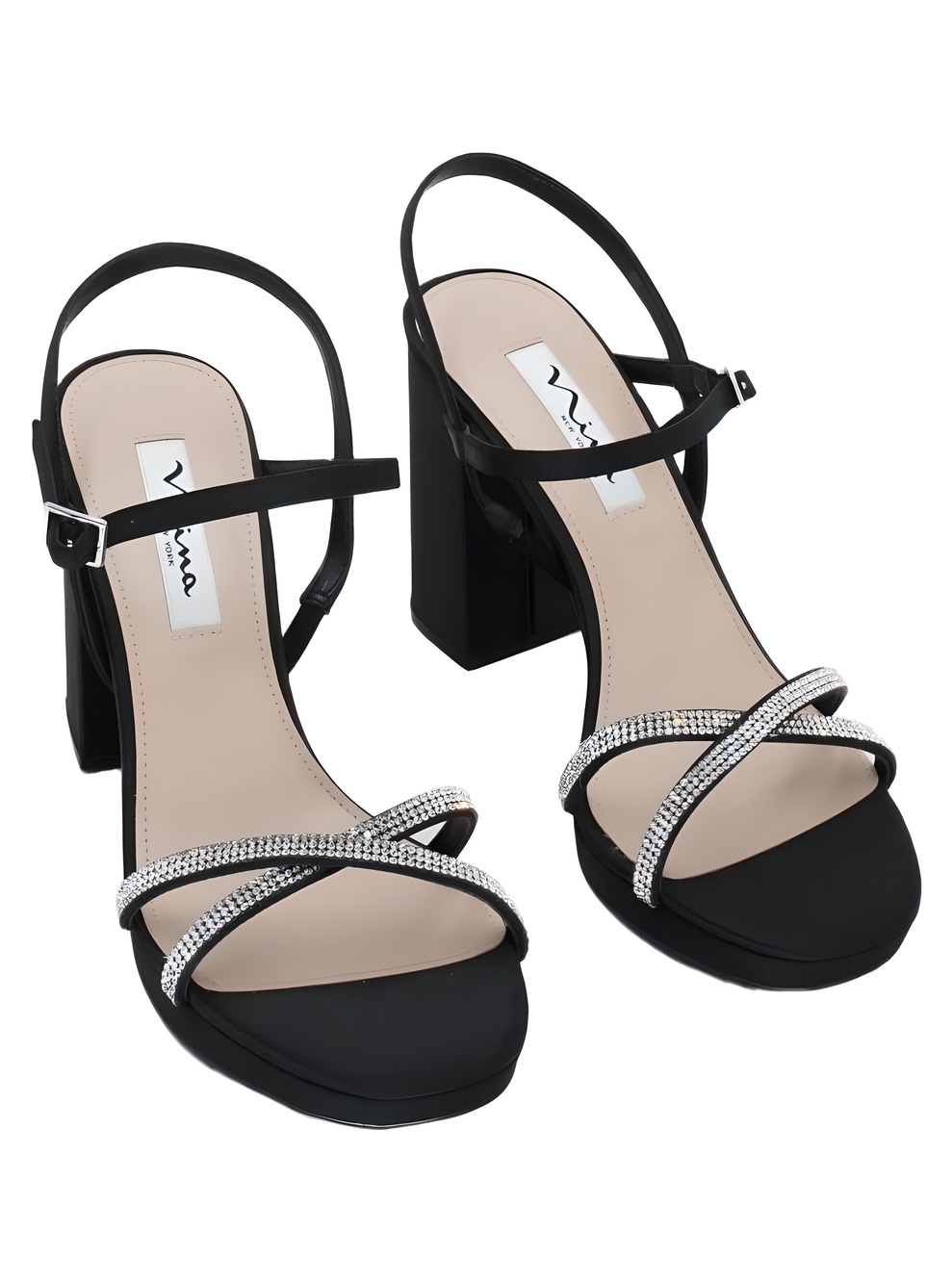 Nina Womens Steven-LS Rhinestone Black Satin Block Heel Sandals Size 7.5M